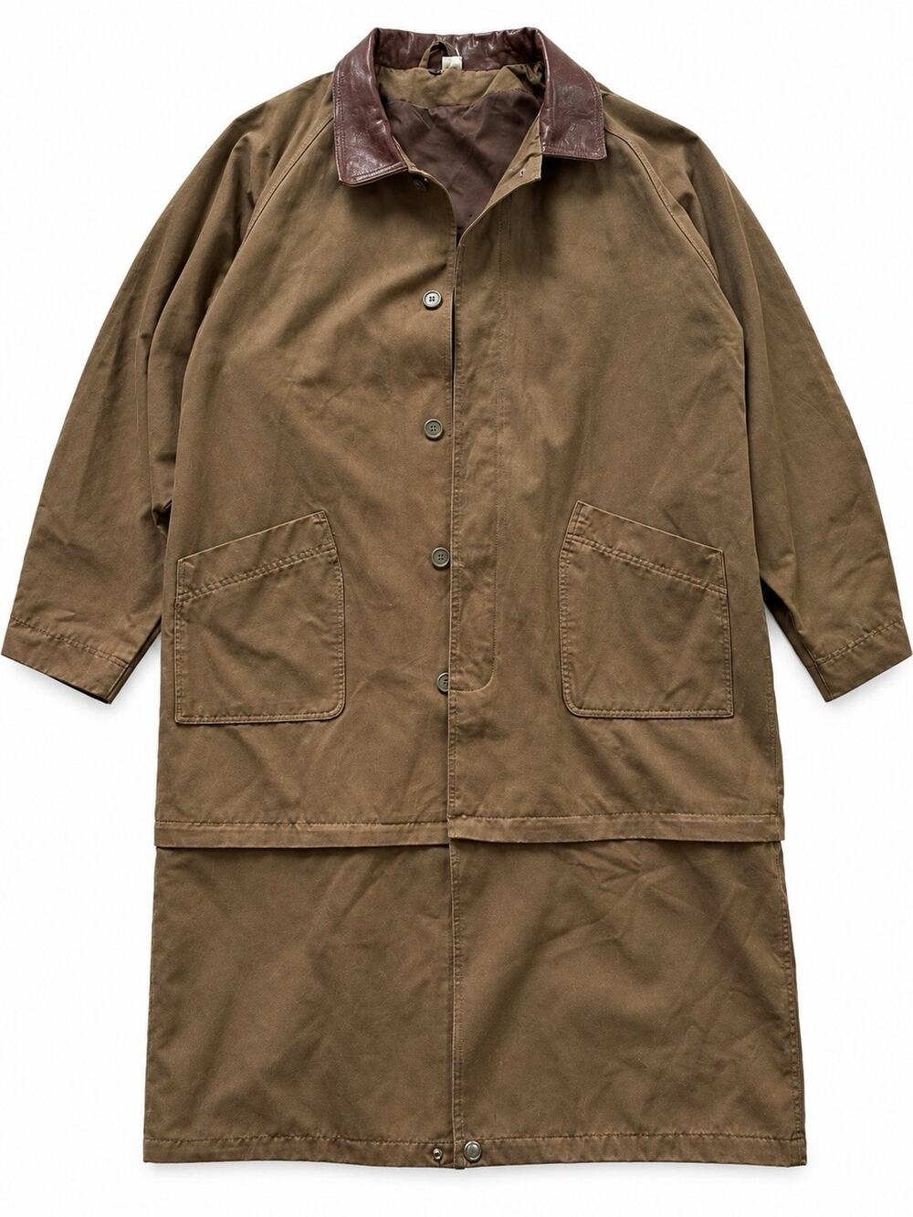 Vintage Brown Canvas Duster Coat Leather Collar Convertible 2 in 1 Barn Jacket